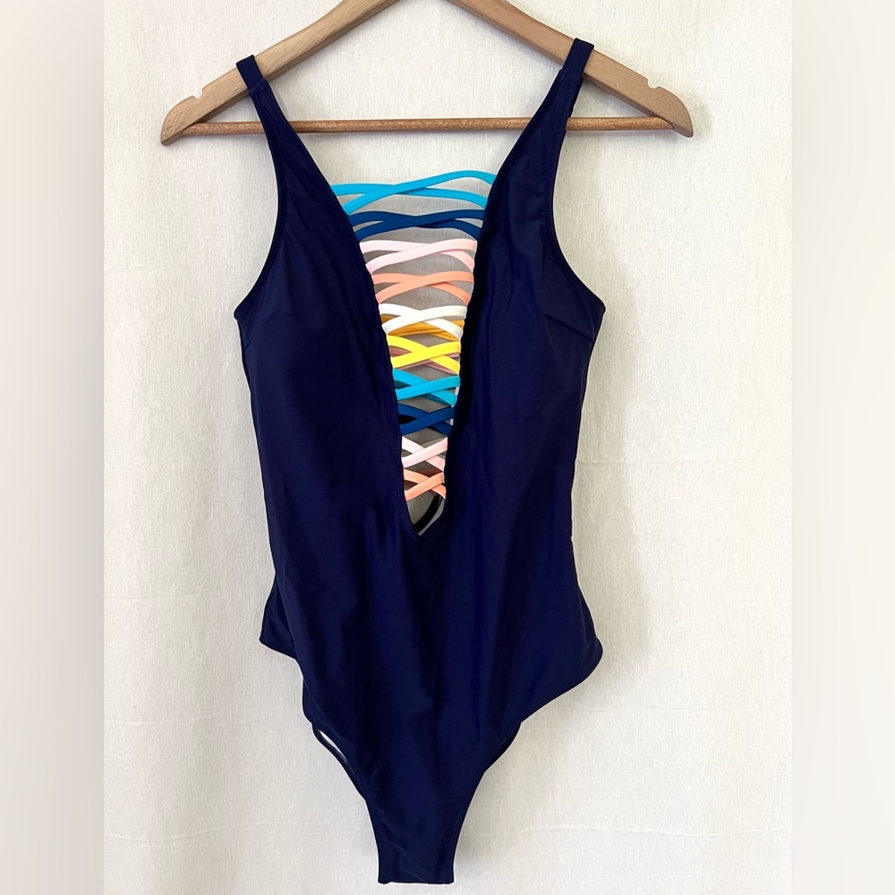 One-Piece Swimsuit w Vibrant Straps | Summer | Vacation | Navy Blue